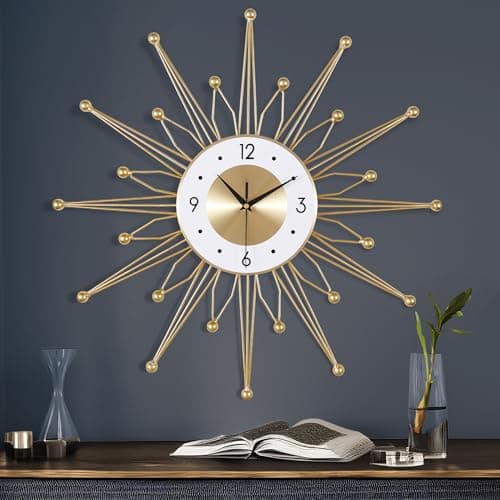 Image of Lafocuse Silent Metal 23 Inch Large Wall Clocks for Living Room Modern, Sunburst Starburst Clock, Gold Mid Century Wall Clock Battery Operated Kitchen Office