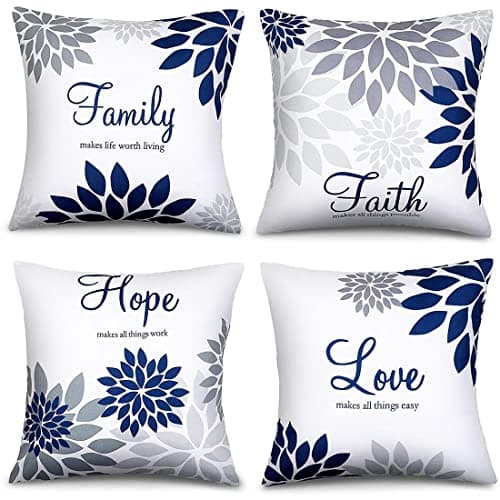 Image of ZHILING Set of 4 Cushion Covers 45 x 45cm Navy style Family Faith Hope Love Words Pillow Cases Decorative Spring Summer Throw Pillow Covers for Sofa Bed Decor Square 18x18 Inches Throw Pillow Cases
