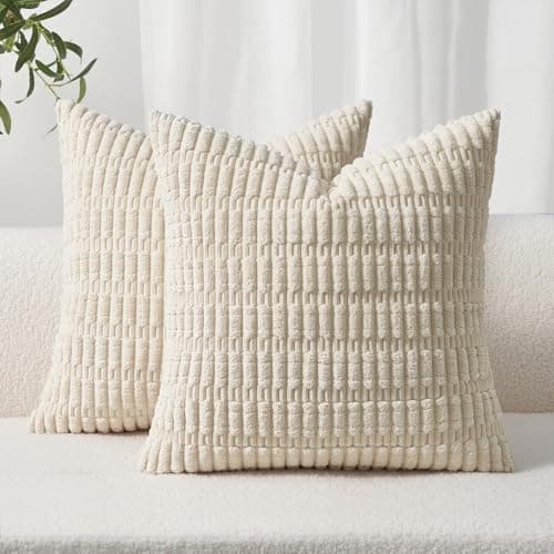 Image of Topfinel Cushion Covers 45x45 cm 18x18 Inch Pack of 2 Cream Decorative Throw Pillow Cases with Invisible Zipper Soft Sofa Corduroy Cushion Covers for Living Room Bedroom Sofa Bed