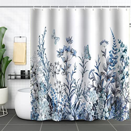 Image of WELTRXE Shower Curtain, Bathroom Curtain with 12 Hooks, Waterproof Polyester Fabric Bathtub Curtain, Weighted Hem, Washable, Quick Dry, Mildew & Mold Resistant, Bathroom Decor, 183x183cm, Blue Plant