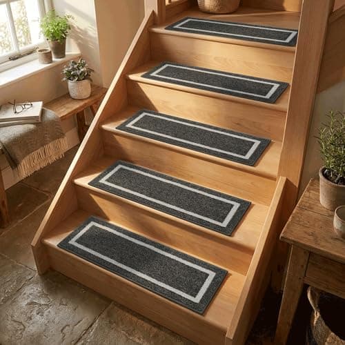 Image of COSY HOMEER Carpet Stair Treads 15pcs Set, Non-Slip Indoor Carpet Treads for Stairs for Kids Elders and Dogs, 100% Polyester Quick Peel Self-adhesive Stair Runner Rug Pads, 22 x 70cm, Black