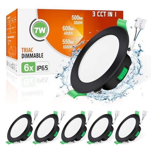 Image of ALUSSO Black LED Downlights Dimmable 7W IP65 Slim Recessed Ceiling Lights, 3CCT 3000K Warm 4000K Neutral 6500K Cool Adjustable Bathroom Spotlights, 6 Pack