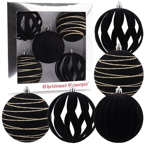 Image of Christmas Concepts® Elegance Collection - Pack of 5-100mm (4") Black Luxury Velvet & Glitter Decorated Large Baubles - Christmas Tree Hanging Decorations