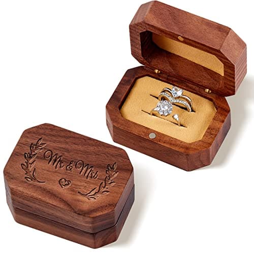 Image of Yaomiao Wooden Wedding Box for 2 Rings - Mr and Mrs Vintage Engraving Holder Case With Magnetic Rustic Engagement Gift for Proposal, Anniversary Accessories (Simple Style)