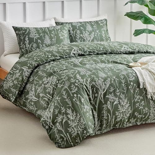 Image of Tokokimo King Size Duvet Cover Sets Forest Green Bedding Set - Little Flowers Print Green Bedding Sets King Size (1x Quilt Cover, 2x Pillowcases) Soft Microfibre Duvet Cover Sets 230x220 cm