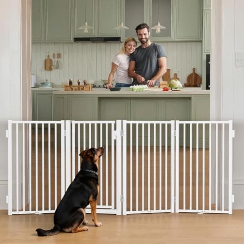 Image of COMOMY Metal Freestanding Dog Gates with Door, 203cm Extra Wide Pet Safety Fence with Support Feet, 81cm Tall Foldable Dog Barrier for Home Doorways Stairs Indoor & Outdoor, 4 Panels, White
