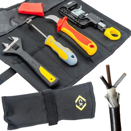 Image of C.K Tools Complete SWA Termination Kit for Professional Electricians - Includes Armourslice Evo Armoured Cable Stripper, VDE Sheath Knife, Slim Jaw Wrench, Gland Wrench in Handy Tool Roll, CK T5992