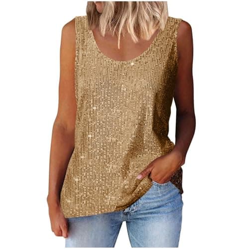 Image of Womens Tank Tops Casual Round Neck Strappy Sequin Sparkle Shimmer Camisole Sleeveless Vests Sequin Glitter Gold