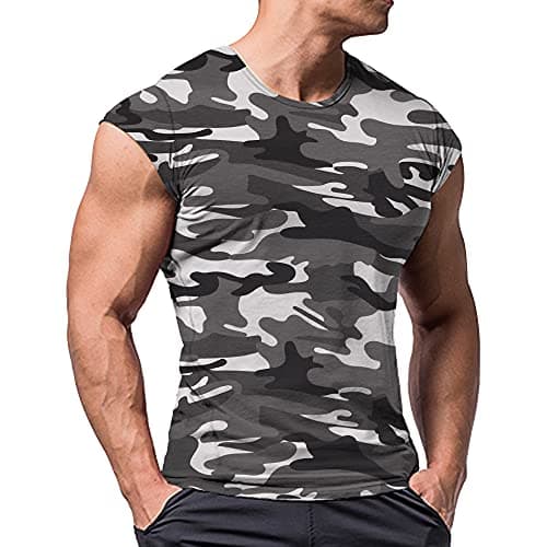 Image of Men Athletic T Shirts Tees Short Sleeve Muscle Cut for Bodybuilding Workout Training Fitness Tops Crew Neck Cotton Black Camo S