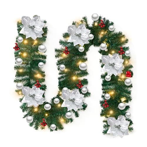 Image of 9FT Christmas Garland with Lights for Stairs, 2.7M Wreath Garlands Decorations with Lights, Flower and Ball for Fireplace Wall Door Xmas Tree Garden Yard Holiday Decor, Silver