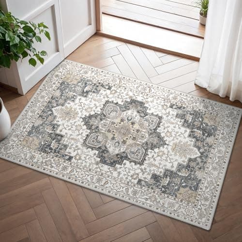 Image of GENIMO Small Machine Washable Rugs 60x90cm, Non-Slip Doormat, Vintage Boho Bedside Area Rugs, Low Pile, Traditional Oriental Printed Design, Entrance, Entryway, Corridor, Retro White Khaki