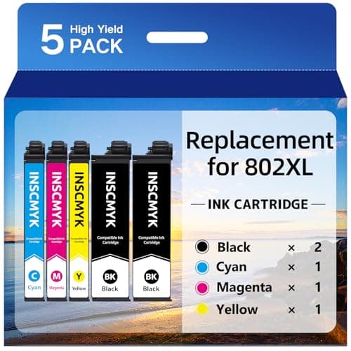 Image of 802XL Ink Cartridges for Epson Printer Replacement for Epson 802 Ink Cartridges Combo Pack 802 XL T802 T802XL for Epson WF-4720 WF-4740 WF-4734 WF-4730 EC-4040 EC-4030 EC-4020 Printer (5 Pack)