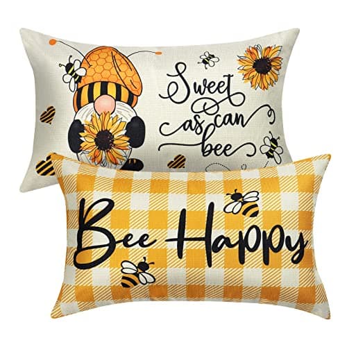 Image of Weldomcor Bee Cushion Covers 30 x 50cm, Set of 2 Pillow Case Cotton Linen Pillow Cover Home Decorative for Sofa Outdoor Garden Bed Couch Cushions