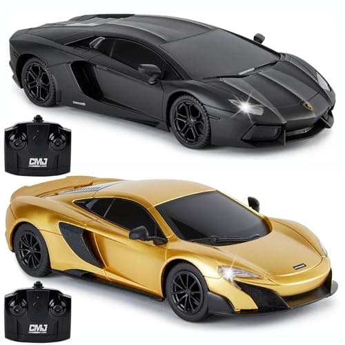 Image of CMJ RC Cars 1:24 Scale Twin Pack: McLaren 765LT Gold + Lamborghini Aventador Black – Officially Licensed Ultimate Racing Set