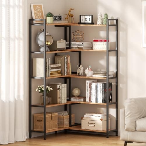 Image of Warmiehomy Bookcase, 5-Tier Corner Shelf, Deformable Wooden Bookshelf, Width 80-146cm Adjustable Display Corner Storage Cabinet for Home Office Living Room Bedroom Study Kitchen, Rustic Brown