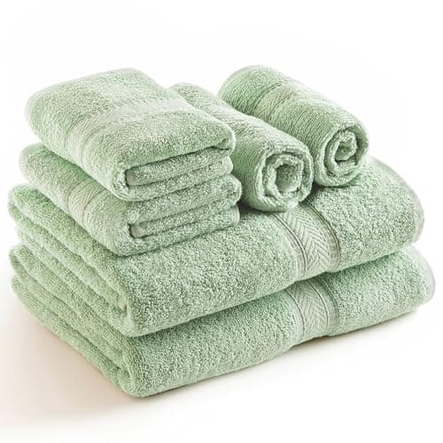 Image of SweetNeedle 6 Piece Towel Set - 2 Bath Towels, 2 Hand Towels and 2 Washcloths Cotton Daily Use Hotel Spa Quality Soft Highly Absorbent Quick Dry Light Weight (Sage Green)