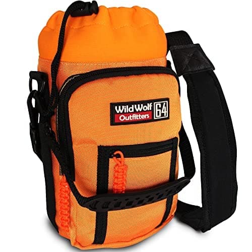 Image of Wild Wolf Outfitters Water Bottle Carrier Holder with Adjustable Strap and 2 Pockets for Hands-Free Walking and Hiking | Orange, 1.9 L