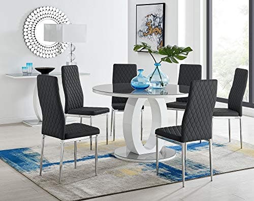 Image of Furniturebox UK Giovani Modern Stylish Grey/White High Gloss And Glass Large Round Dining Table And 4/6 Contemporary Milan Chairs Set (Dining Table + Black Milan Chairs, 6 Chairs)