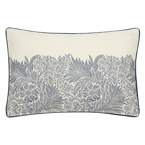 Image of Morris&Co. Marigold Feather Rich Filled Cushion – Embroidered Floral Design Pillow with Velvet Piping (Indigo - 40x60cm)