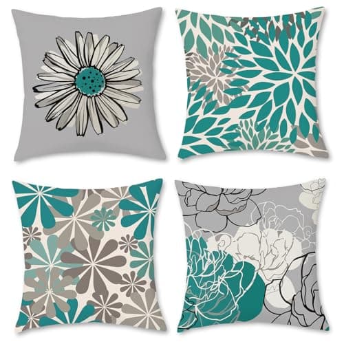 Image of Hopomoon Teal Cushion Covers 45 x 45 cm set of 4,Green and Grey Abstract Floral Dahlia Decorative Pillow Covers, Modern Botanical Throw Pillow Cases for Sofa Couch Bedroom Living Room Home Decor