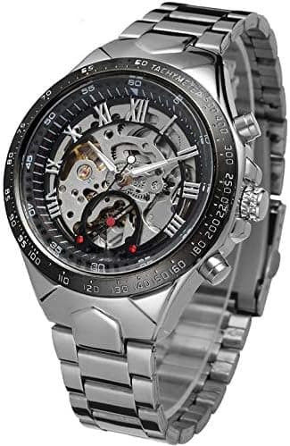 Image of Yoodeet Skeleton Watches Automatic Self-Wind Mechanical Watches Silver Stainless Steel Men's Wrist Watch