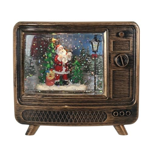 Image of Mr Crimbo Antique Gold Glitter TV Spinner with LED Light – Vintage Christmas Water Globe Ornament with Santa Scene, Swirling Snow Effect, Battery or Mains Operated
