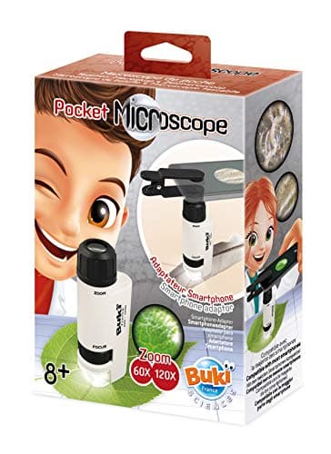 Image of Buki Pocket Microscope for Kids - Portable Educational Toy with 120X Magnification & Smartphone Compatibility - Kids Handheld Microscope Includes Quiz Sheet, LED Light & Compact Design for Ages 8+
