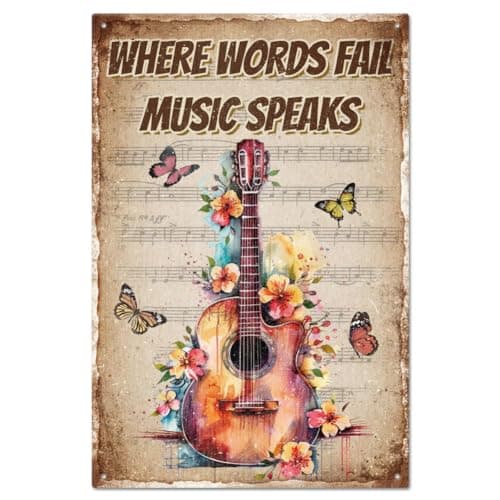 Image of GLOBLELAND "Where Words Fall Music Speaks" Funny Guitar Music Metal Tin Sign 12x8 inch Vintage Butterfly Metal Wall Art Decor Wall Art Plaque for Garage Garden Home Kitchen Bar Club Coffee Shop