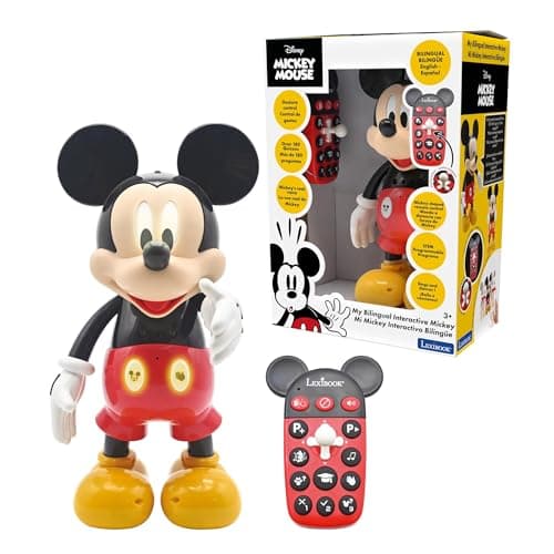 Image of LEXIBOOK - Disney - Bilingual Mickey Robot - English/Spanish, 100 educational quizzes, light effects, dance, programmable, articulated, Black/red - MCH01i2LXB