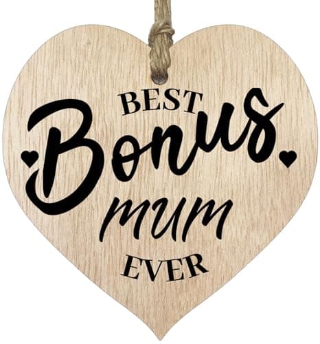 Image of Step Mum Gifts from Daughter Son - Best Bonus Mum - Best Step Mum Gifts, Presents for Step Mum, Hanging Wooden Heart Sign Plaque, Birthday Gifts for Mum Gift, Mothers Day - Light Wood Hearts Sign