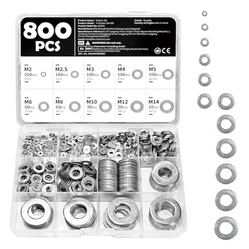 Image of 800 Pcs Washers for Screws, 10 Sizes of Stainless Steel Flat Washers Set Including M2, M2.5, M3, M4, M5, M6, M8, M10, M12, and M14, Suitable for DIY Home Repair Construction