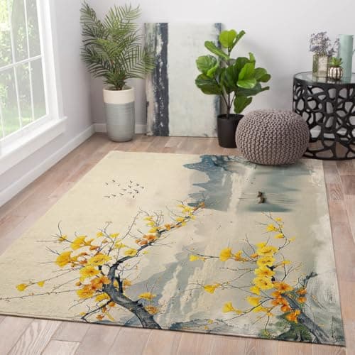Image of HOBBOY Oriental Floral Area Rug 210x240cm Yellow Ginkgo Tree Rugs Washable Low-Pile Carpets for Living Room Bedroom Japanese Minimalist Watercolor Floor Mat