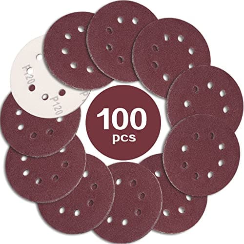 Image of STEBRUAM 100PCS 125mm Sanding Discs 120 Grit, 5 Inch 8 Hole Hook and Loop Sanding Pads for Random Orbital Sander