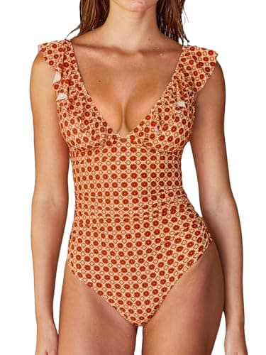 Image of CUPSHE Women One Piece Swimsuit Ruffled Lace Up Beach Swimwear Tummy Control Swimming Costume Bathing Suit Orange/Retro Floral M