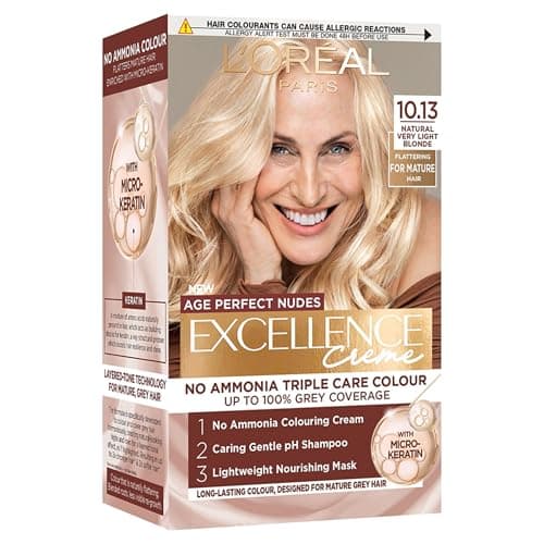 Image of L'Oreal Paris Excellence Age Perfect Nudes Permanent Hair Colour for Mature Hair, No Ammonia Triple Care Routine with Micro-Keratin, 100% Grey Coverage, 10.13 Natural Very Light Blonde