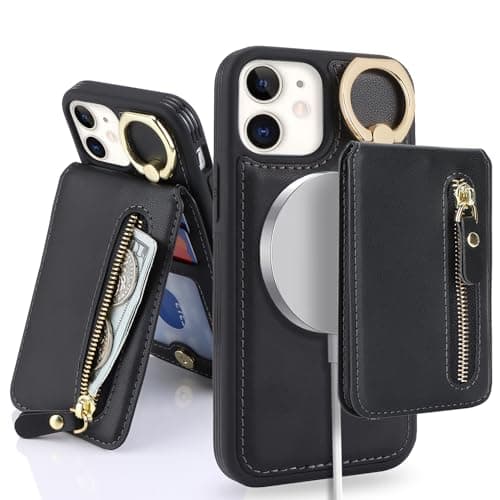 Image of SailorTech iPhone 12 Mini Phone Leather Case with Credit Card Holder Magsafe, iPhone 12 Mini Case Ring Stand with Kickstand Card Slots Wallet Detachable 2-in-1 Zipper Case - Black