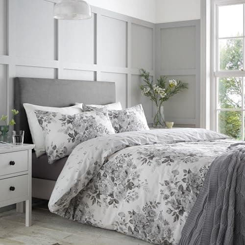 Image of Catherine Lansfield Elinda Floral Reversible King Duvet Cover Set with Pillowcases Grey
