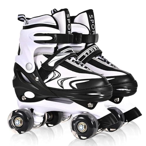 Image of Kids Roller Skates for Boys Girls Children Beginners, 4 Sizes Adjustable Kids Roller Skates for Child Toddler Ages 4-6-12 with 8 Light up Wheels (Black & White, M)
