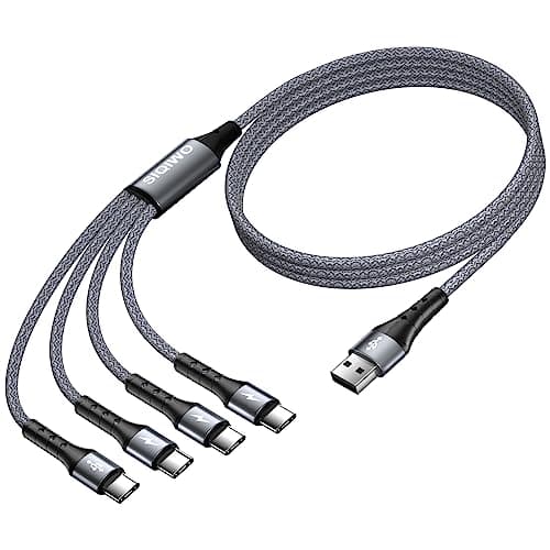 Image of SIQIWO USB C Cable Fast Charging 1.2M, Braided QC 3.0(3A) Multi USB C Splitter Cord with 4 USB Type C Connectors, for iPhone 17/16/15, Android Galaxy S25 S24 A20e, Huawei, Xiaomi, Sony, Switch Grey