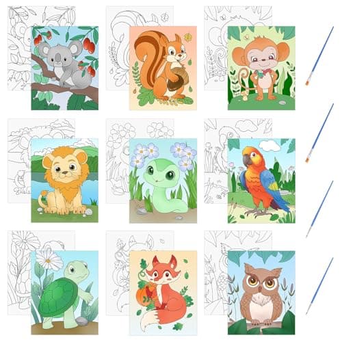 Image of HICOHAND Pre Printed Canvases, 9 PCS Cute Animal Theme No-Frame Drawn Canvas Painting Kits Stretched 20cmx25cm Easy Painting Set for Adults with Brush for Student Adults DIY Gift
