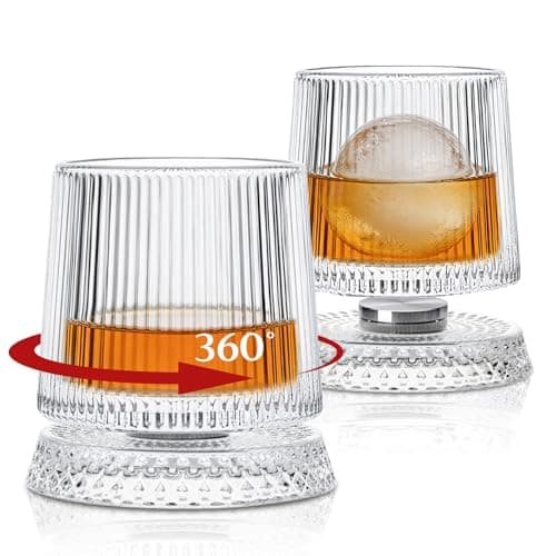 Image of INSETLAN Spinning Whiskey Glasses Set of 2, Rotating Old Fashioned Clear Rocks Glasses for Scotch & Bourbon, Cocktail Glasses for Bar, Party, Home, and Gift (Ribbed)
