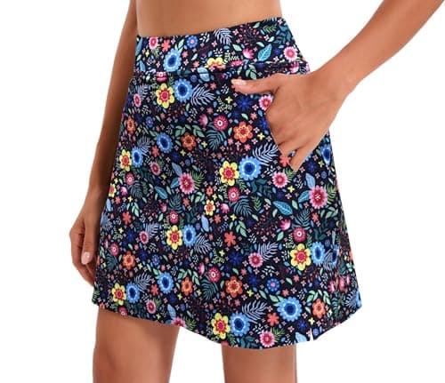 Image of Oyamiki A Line Skirt Shorts for Women UK High Waist Knee Length Skirts with 4 Pockets Tennis Golf Skort Colourful Flowers Navy XL