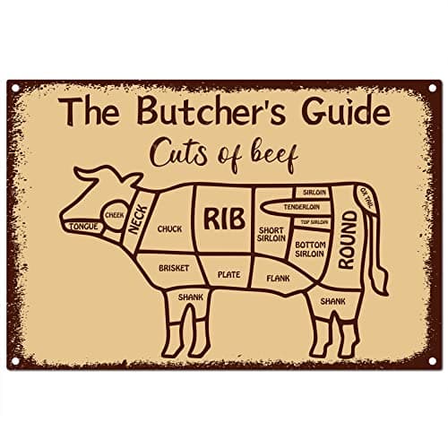 Image of CREATCABIN Butcher Guide Signs Tin Plate Cuts of Beef Butcher's Guide Cow Funny Animal Metal Sign Vintage Kitchen Plaque Retro Decorations for Family Home Restaurant Wall Decor, 8x12Inch