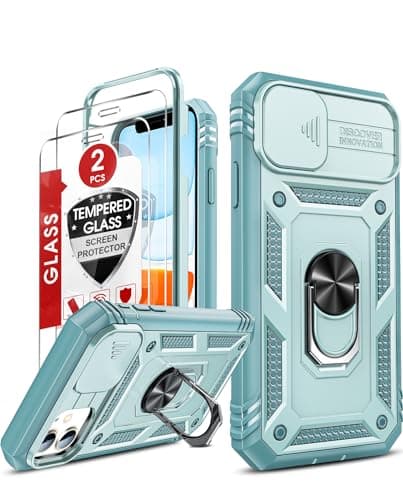 Image of LeYi for iPhone 11 Case and 2 Tempered Glass Screen Protector with Slide Camera Cover,Ring Holder Stand Full Body Protective Heavy Duty Shockproof Armour Phone Cover, G-Green