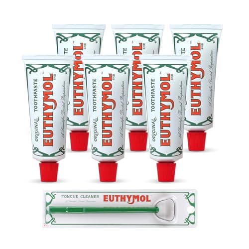 Image of Euthymol Original Toothpaste 75ml x 6 + Tongue Cleaner, No Fluoride, Anti-Plaque, Antibacterial, Cavity Protection, Teeth & Gums Clean and Healthy, Cool Mint Refresh, Daily Oral Enamel Dental Care