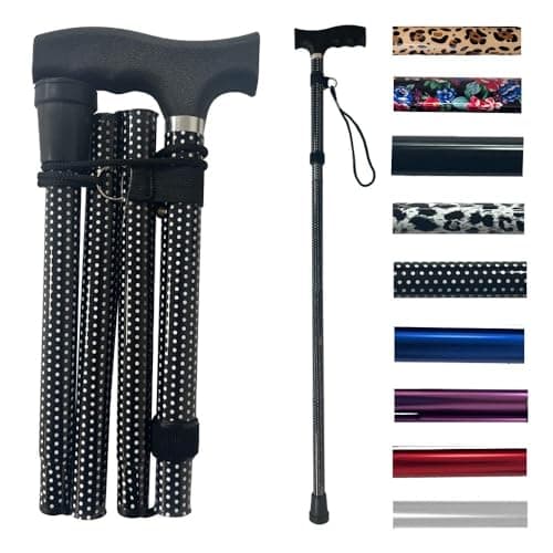 Image of Life Healthcare Folding Walking Stick–Adjustable Height Lightweight Aluminium Cane for Elderly Disabled Men & Women–Non-Slip Rubber Tip Ergonomic Handle & Travel-Friendly Design (Polka Dot)