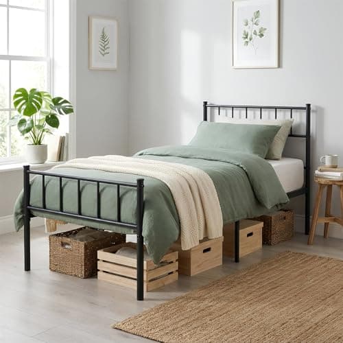 Image of Harbour Housewares 3ft Single Metal Bed Frame Black – Heavy Duty Steel Bed with Headboard Footboard and 36cm Underbed Storage – Fits 190 x 90cm Mattress – Strong Metal Slats Max Weight 110kg