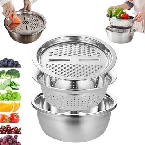 Image of 3 in 1 Stainless Steel Shredding & Drainage Chopping Basin, Multifunctional Stainless Steel Grater Bowl Set, Graters Cheese Grater Salad Maker Bowl Drain Basin (24cm)
