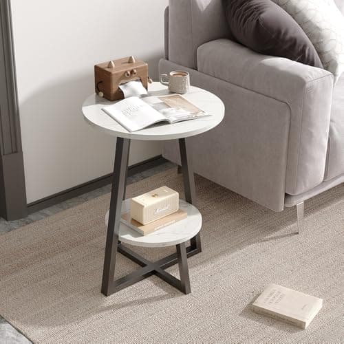 Image of Warmiehomy Side Table Small Round Coffee Table with 2 Tier Storage Shelves Sofa End Tables Modern Slim Bedside Table for Living Room Bedroom Small Spaces (White Texture Color/40 * 40 * 55CM)