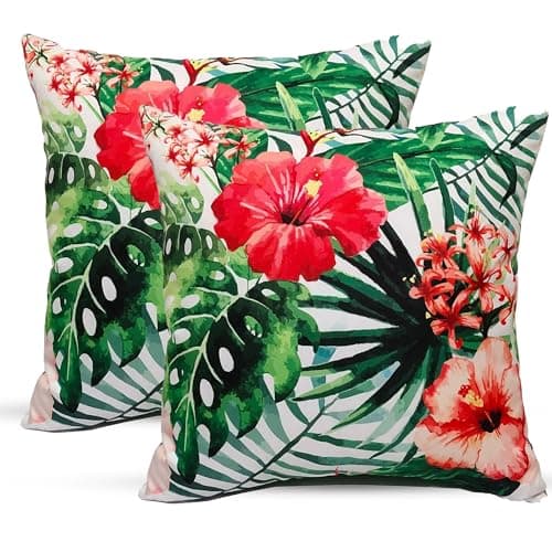 Image of POSHLIVING 2 Pack Outdoor Cushions Waterproof FILLED 45x45cm With Invisible Zippered Outdoor Garden Cushions Waterproof 18"x18" With Cushion Covers & Pillow For Living Room Garden Sofa (Gardenia)